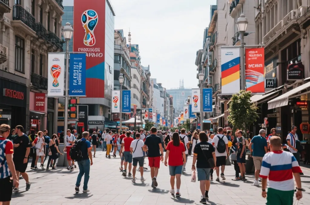 世界杯期间球迷在城市街区消费和观光的热闹场景